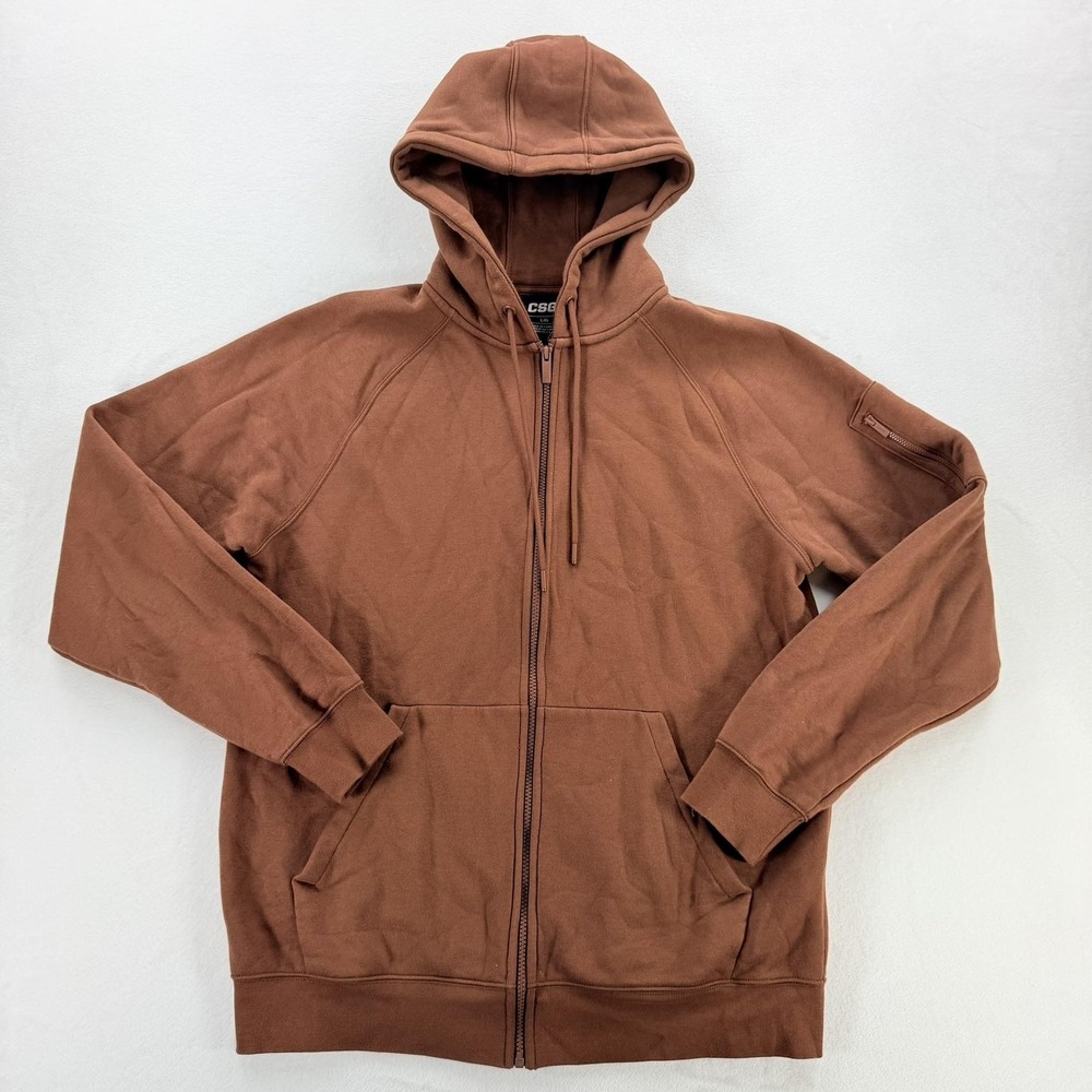 CSG Hoodie Mens Large Brown Full Zip Fleece Jacket Pockets Sweatshirt Casual